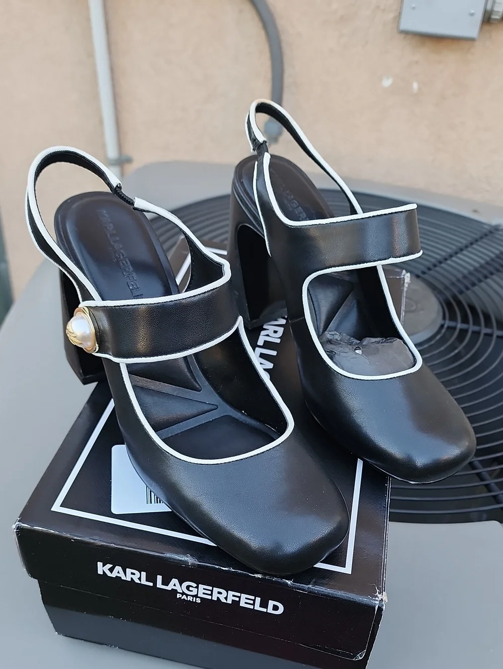 Karl Lagerfeld Black Piermont Slingback Pumps with White Piping